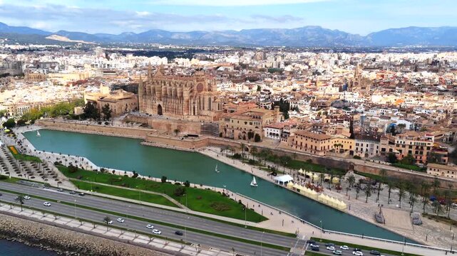 4K Aerial Video of Palma Cathedral (La Seu), Mallorca