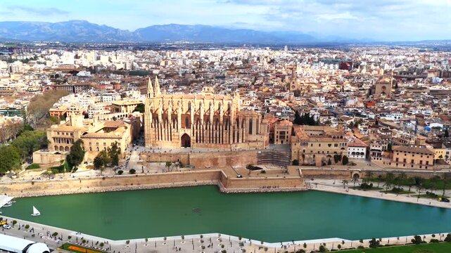 4K Aerial View of Palma Cathedral (La Seu) and Waterfront