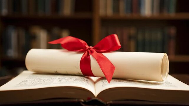 A rolled parchment tied with red ribbon lies on an open book in a library setting viewed from the front