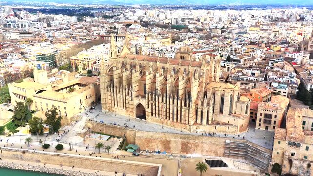 4K Aerial View of Palma Cathedral (La Seu) and Waterfront
