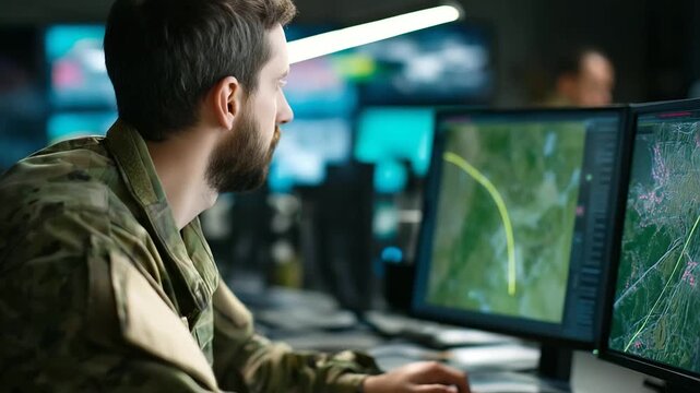 Close-up faceless experienced army officer studying satellite data on dual screens, defocused tactical maps and live drone feeds, soft blue and green digital glow, intelligence