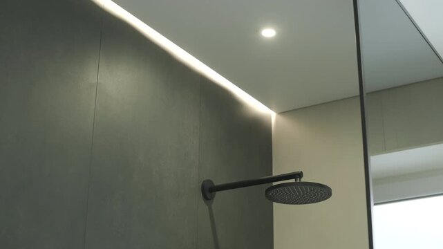 Modern minimalist bathroom with matte black rain shower and LED lighting.