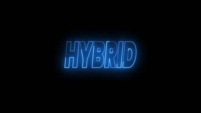 Hybrid and technology text animation in blue neon on black background. 4k animated typography is a modern and eye catching design for digital opener videos.