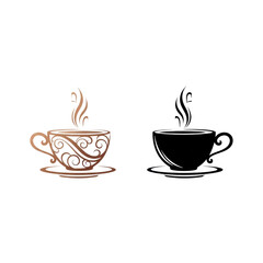 Obraz premium highly stylized vector icons of steaming cups, sepia gradient and black silhouette, featuring calligraphic swirls and subtle heart steam, isolated on white. concept for luxury beverage branding