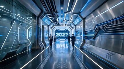 Obraz premium People walking in futuristic corridor with glowing 2027 gateway. 2027 future technology concept.