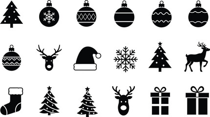 Black and white christmas holiday icon set featuring trees reindeer baubles and gift boxes © Simu Store