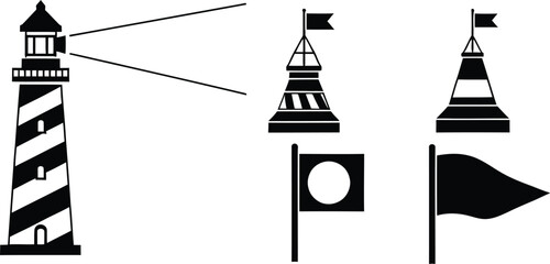 Black and white illustration of a lighthouse with various maritime signaling symbols and flags. © Simu Store