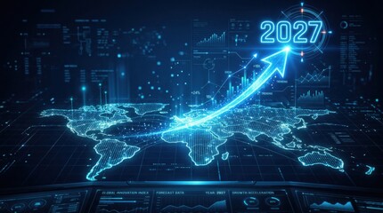 Fototapeta premium Futuristic data visualization showing world economy curve reaching 2027. 2027 forecast concept.