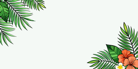 Fototapeta premium Tropical border features palm leaves and hibiscus flowers, vector