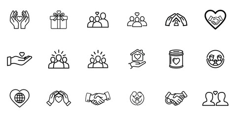 Fototapeta premium Community Care and Charity Outline Icon Set – Helping Hands, Donation, Family Support and Social Service Linear Vector Collection