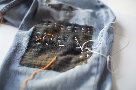 Hand Stitched Sashiko Fabric Repair on Denim Jeans