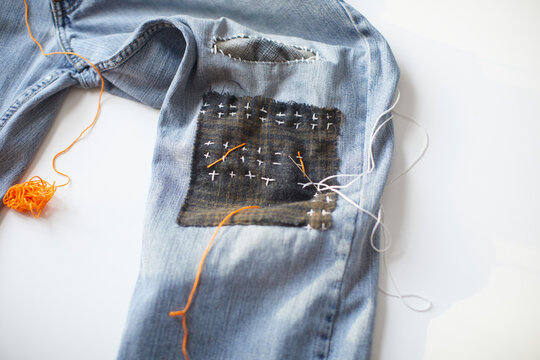 Hand Stitched Sashiko Fabric Repair on Denim Jeans