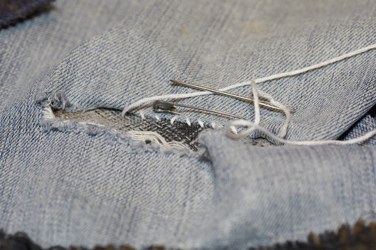 Hand Stitched Sashiko Fabric Repair on Denim Jeans