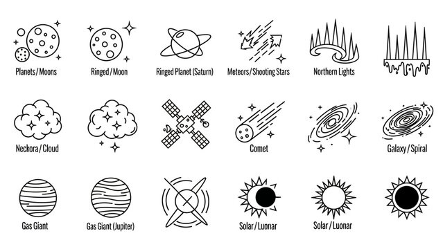 Diverse linear graphic set showcasing celestial bodies, astronomical events, and space technology, ideal for modern science and exploration themed designs