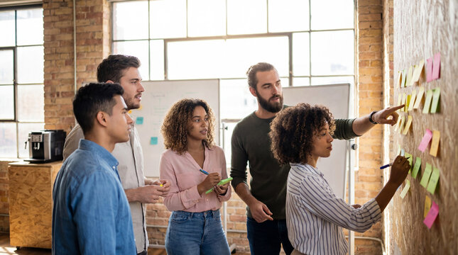 Brainstorming session of a collaborative team, highlighting idea sharing, strategic planning. They gather in a modern office space, collaborating and brainstorming.