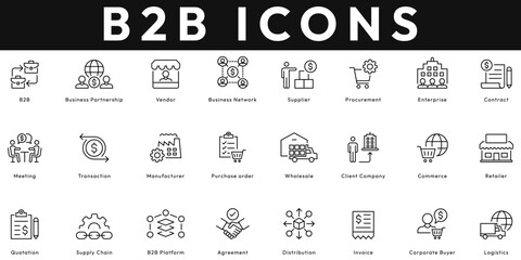 Fototapeta premium B2B icon collection contains partnership, vendor, network, supplier, procurement, enterprise, contract, meeting, transaction, manufacturer, purchase order. Editable stroke vector illustration icon set