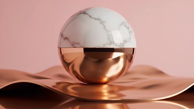 A Shimmering Marble-Top and Gold-Bottom Half-Sphere Resting on a Pink Reflective Surface