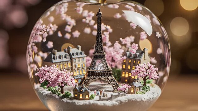 A Snow Globe Dream with a Miniature Parisian Village and Pink Blossoms Inside
