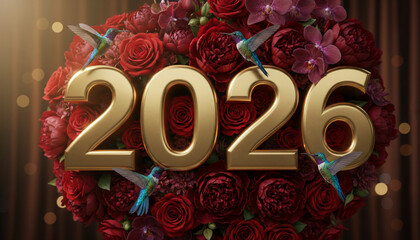 Fototapeta premium Floral arrangement with golden 2026 number and colorful hummingbird, symbolizing future event, date, or celebration with natural beauty and elegance