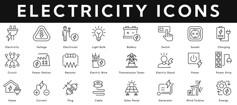 Electricity icon collection contains voltage, light bulb, battery, switch, socket, circuit, power station, resistor, transmission tower, current, plug. Editable stroke vector illustration icon set
