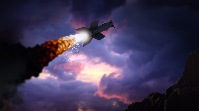 launched missile at dusk, 3d animated