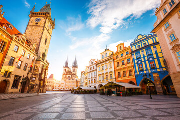 Fototapeta premium Stunning view of the old town Hall and Church of Our Lady before Tyn. Location place Prague Old Town Square, Czech Republic, Europe.