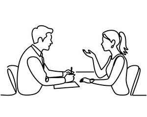 A man and woman engaged in a discussion at a table with a notepad and pen