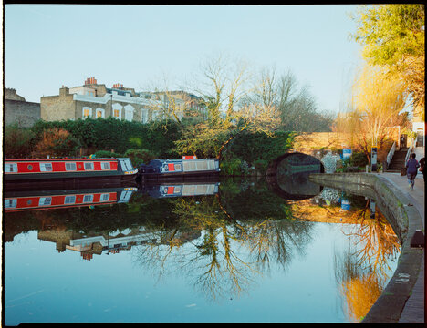 Regents Canal View With Boats During Early Morning