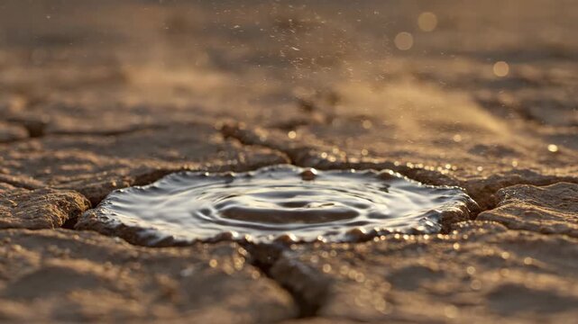 Raindrop creates ripples on dry cracked earth at sunset