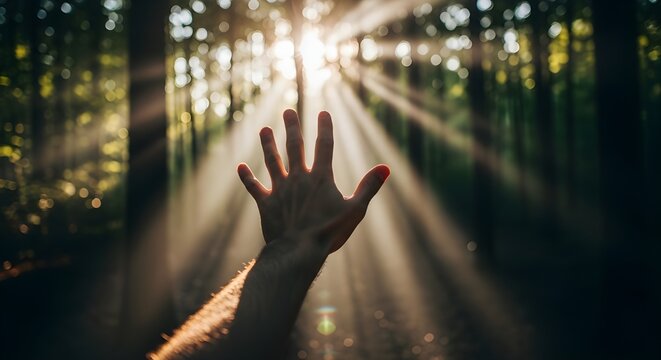 Masculine hand touching rays between trees.