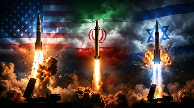 Global Missile Escalation &ndash; USA, Iran and Israel Military Conflict Concept