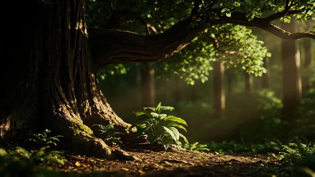 Sunlight illuminates a vibrant green plant at the base of a majestic tree. A peaceful forest scene unfolds with soft, dappled light.