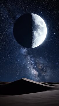 A Vast Half-Lit Celestial Body Looms Over Expansive Desert Dunes Beneath A Starry Night Sky