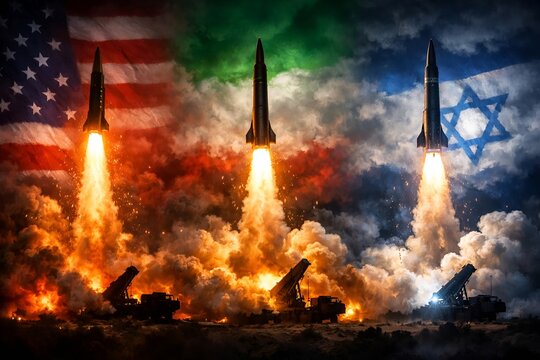 Global Missile Escalation &ndash; USA, Iran and Israel Military Conflict Concept