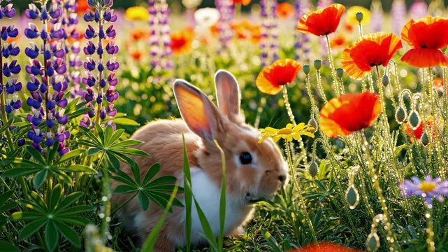 Bunny in a field of flowers eating a yellow flower.