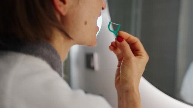 Woman in a bathrobe using a dental floss pick in front of a bathroom mirror during her morning hygiene routine. She carefully cleans between her teeth, maintaining oral health and personal care. The