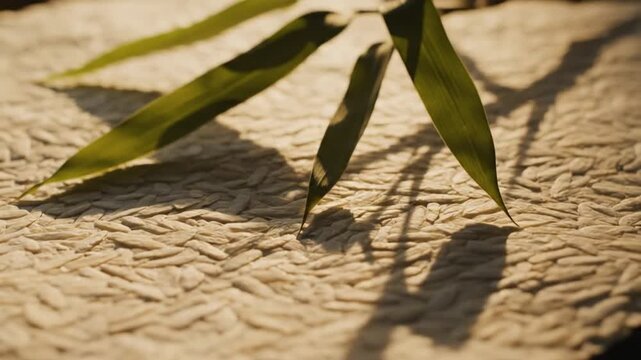Bamboo leaves casting shadows on a woven mat in a serene outdoor setting viewed from above