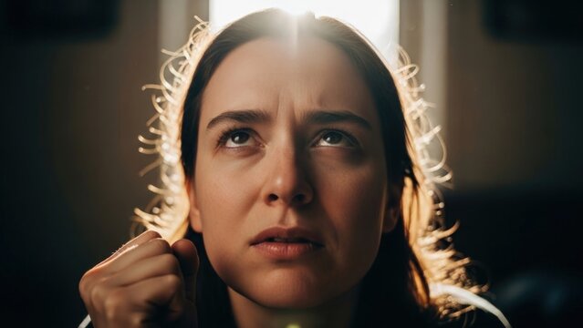 A distressed young woman clenching her fist, deeply experiencing the profound and challenging neurological effects of an epileptic seizure, symbolizing strength