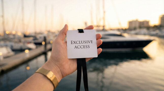 Exclusive access pass held by hand at a luxury marina during sunset, symbolizing vip event or privilege