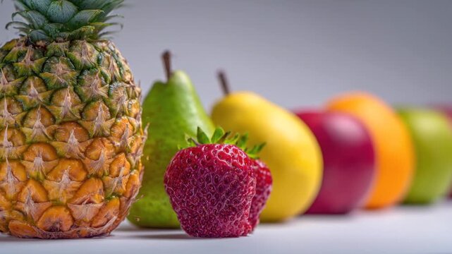 Fresh pineapple and strawberry with other fruits in a row
