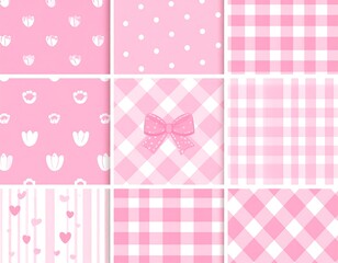 Nine pink & white patterns. Flowers, polka dots, stripes, gingham, bow. Girly, sweet, cute, soft pastels