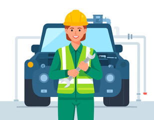 A female mechanic in a hard hat and safety vest holding a wrench in front of a car with an open hood.