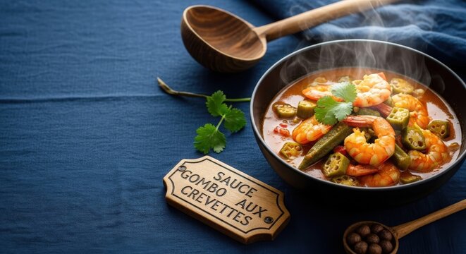 Gourmet Sauce Gombo aux Crevettes: Traditional West African Shrimp and Okra Stew in Deep Bowl with Ocean Blue Negative Space