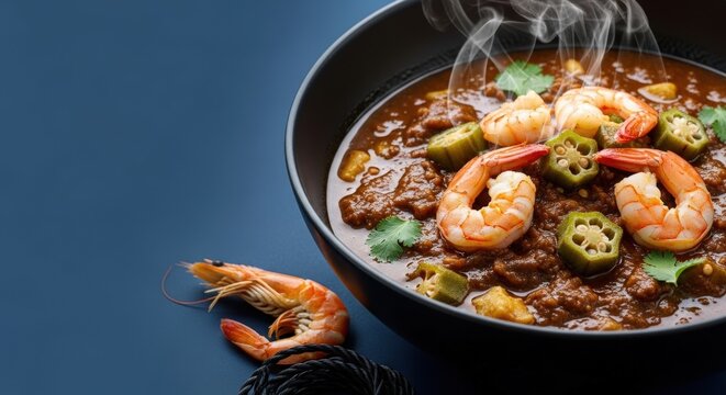 Authentic Gombo aux Crevettes: Shrimp and Okra Stew in Deep Bowl with Blue Copy Space for Recipe Text
