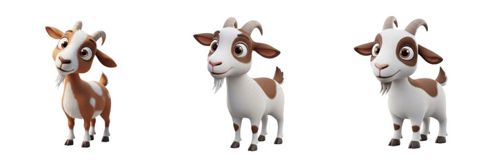 Fototapeta premium Cute Goat Character Set, 3D Cartoon Animal Mascot in Different Poses, Isolated on White Background PNG