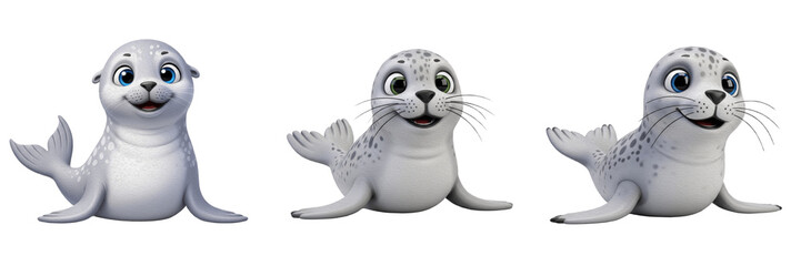 3D Cute Baby Seal Character Set, Funny Spotted Seal Mascot Collection, Friendly Arctic Animal Illustration, Isolated on White Background, Transparent PNG Clipart © sorab