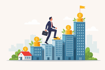 Businessman walking up ascending buildings forming a bar graph for real estate investment growth, property development success, financial wealth accumulation, and corporate career advancement.