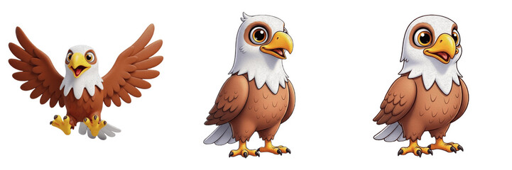 Fototapeta premium Cute Eagle Cartoon Mascot Set, Funny Bald Eagle Character Illustrations, 3D Render Wild Bird of Prey Stickers, Isolated Eagle PNG Collection for Kids Creative Projects
