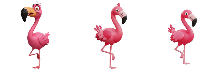 Obraz premium Cute Flamingo Cartoon Mascot Set, Funny Pink Tropical Bird Character Illustrations, 3D Render Wild Exotic Animal Stickers, Isolated Flamingo PNG Collection for Kids Creative Projects