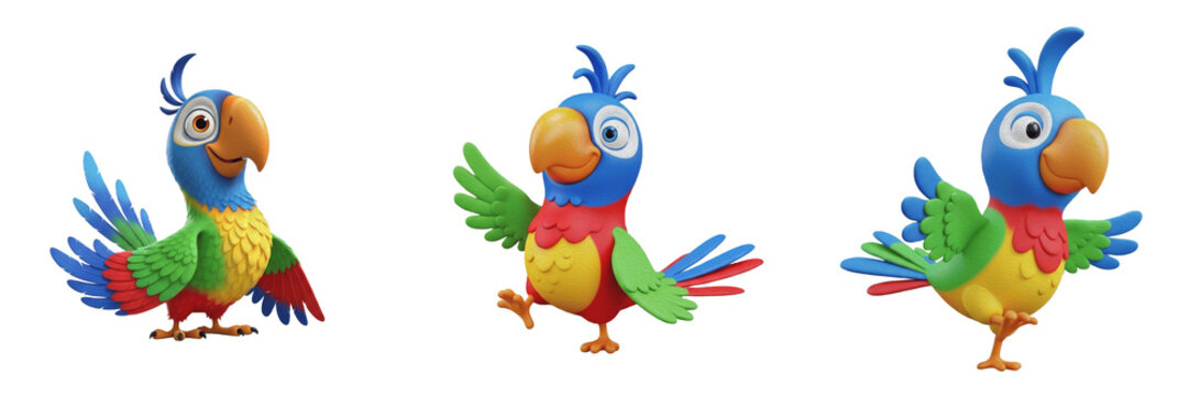 Cute Parrot Cartoon Mascot Set, Funny Tropical Macaw Character Illustrations, 3D Render Exotic Bird Stickers, Isolated Colorful Parrot PNG Collection for Kids Creative Projects